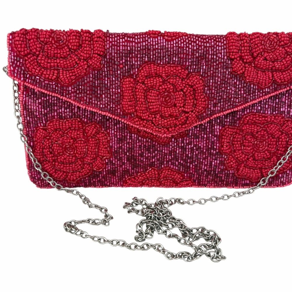 Sol and Mer Red Beaded Floral Envelope Clutch w/Crossbody chain strap - Picture 4 of 7